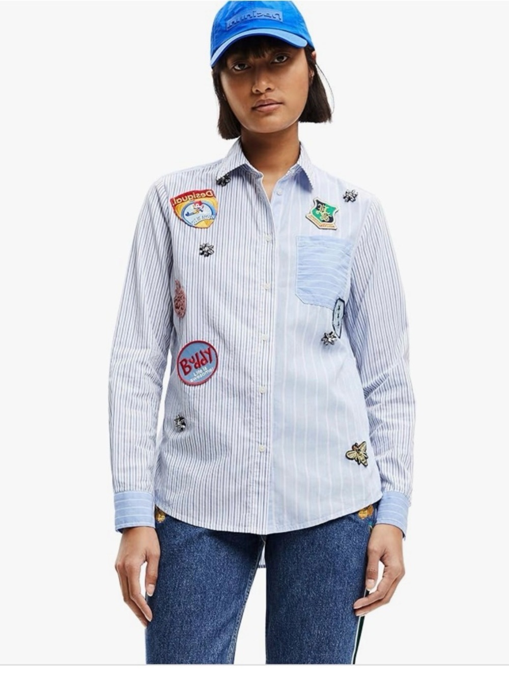 Desigual Lian shirt button down patches rhinestones blue white stripes sz S